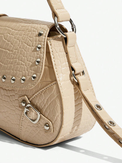 SHEIN X Lucía Bellido SHEIN SXY Fashionable Black Stud Shoulder Bag For Women, Versatile, Shopping Bag, Cool, Street Bag, Teenagers