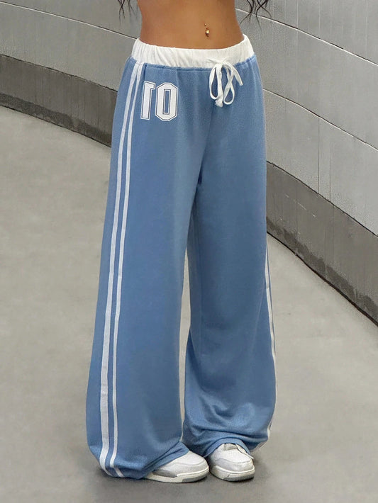 StreetHx Women's Numeric Print Patchwork Waist Casual Sports Street Vintage Style Long Sweatpants, Spring/Summer Graduation,Back To School Outfits,Graduation,Teacher Outfits For Women,Back To School Fall Cloth For Women