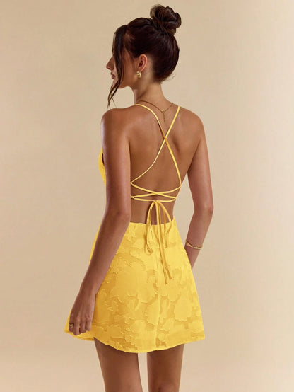 SHEIN BAE Spring/Summer Solid Pink Bodycon Low Back Tie Strap Textured A-Line Super Short Mini Dress For Women,Bohemian Clothes,Bodycon Dress