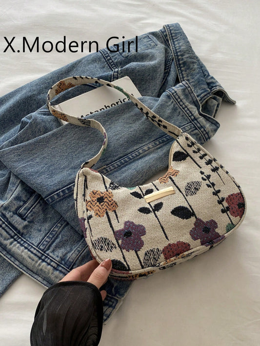 Fashionable Versatile Solid Color New Floral Print Shoulder Bag, Casual Minimalist Baguette Small Square Bag For Women