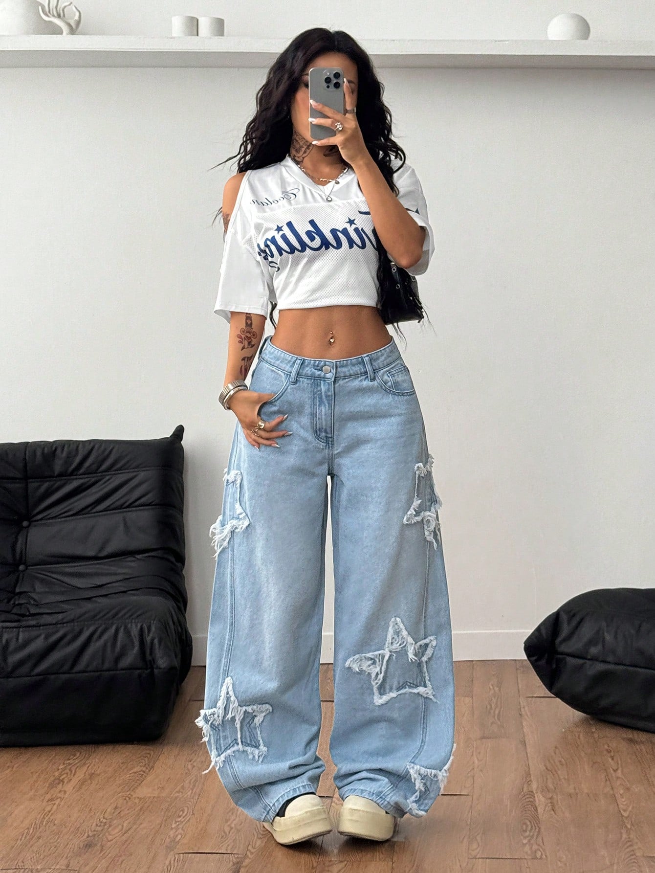 Coolane Women's Rapper Athleisure Grunge Star Pattern Washed Jeans