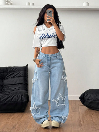 Coolane Women's Rapper Athleisure Grunge Star Pattern Washed Jeans