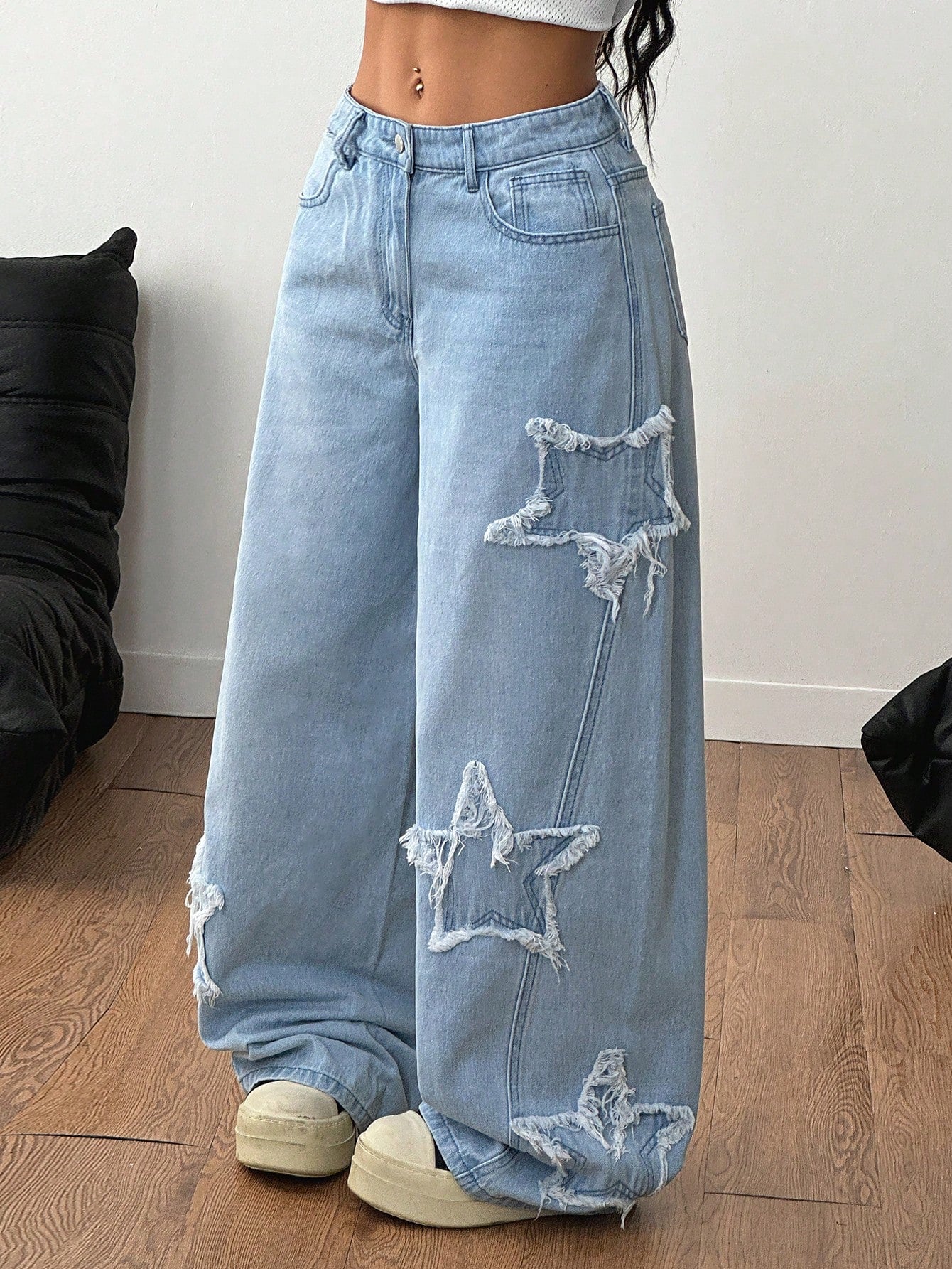 Coolane Women's Rapper Athleisure Grunge Star Pattern Washed Jeans