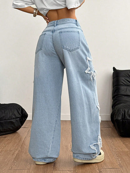 Coolane Women's Rapper Athleisure Grunge Star Pattern Washed Jeans