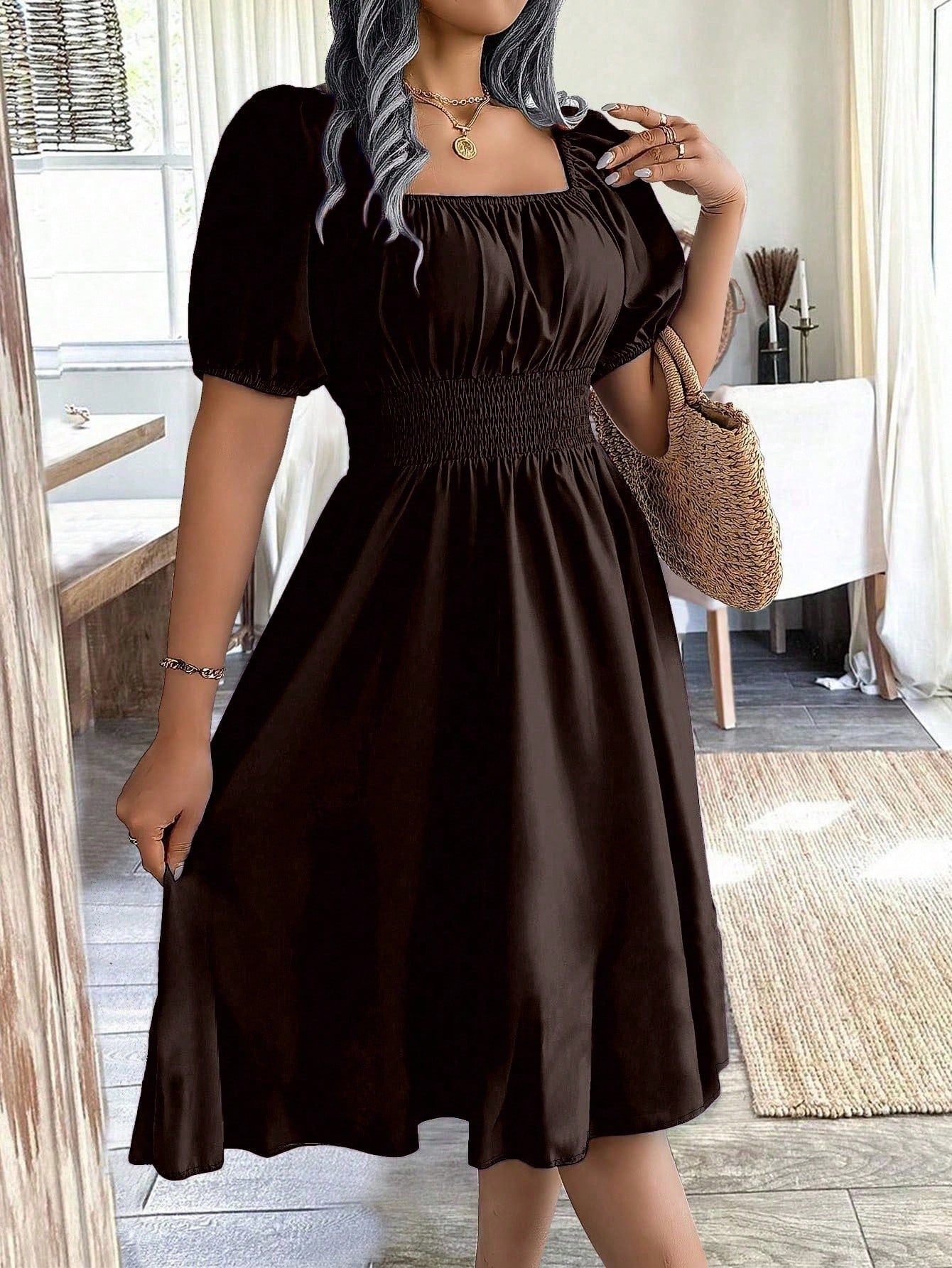 Chiquease 1pc Women Square Collar Puff Sleeve Cinched Waist Palazzo Green Dress, Spring/Summer