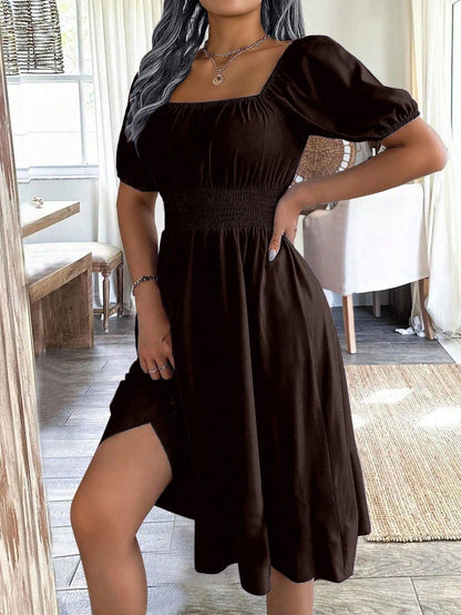 Chiquease 1pc Women Square Collar Puff Sleeve Cinched Waist Palazzo Green Dress, Spring/Summer