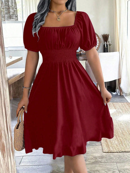 Chiquease 1pc Women Square Collar Puff Sleeve Cinched Waist Palazzo Green Dress, Spring/Summer