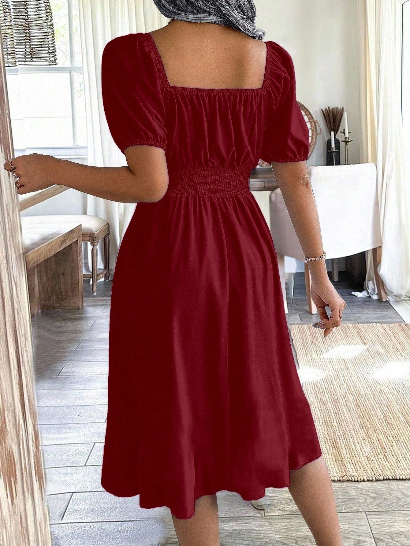 Chiquease 1pc Women Square Collar Puff Sleeve Cinched Waist Palazzo Green Dress, Spring/Summer