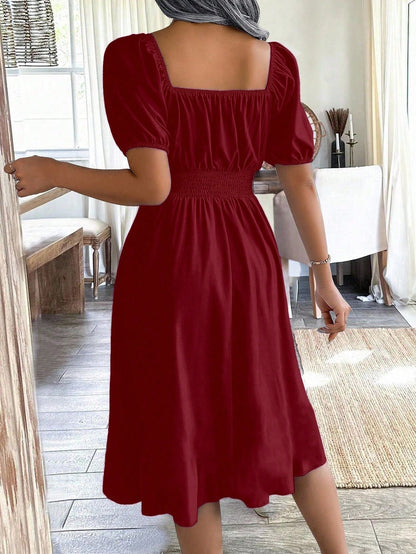 Chiquease 1pc Women Square Collar Puff Sleeve Cinched Waist Palazzo Green Dress, Spring/Summer