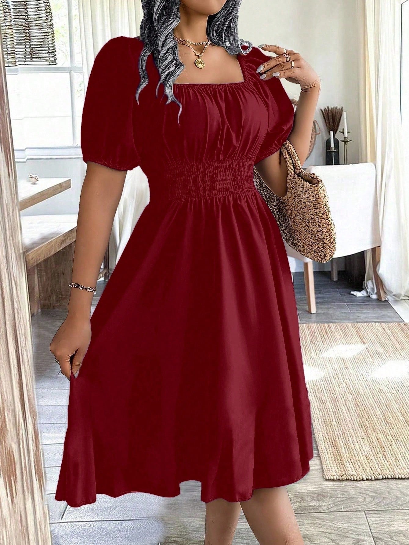 Chiquease 1pc Women Square Collar Puff Sleeve Cinched Waist Palazzo Green Dress, Spring/Summer