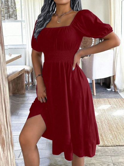 Chiquease 1pc Women Square Collar Puff Sleeve Cinched Waist Palazzo Green Dress, Spring/Summer