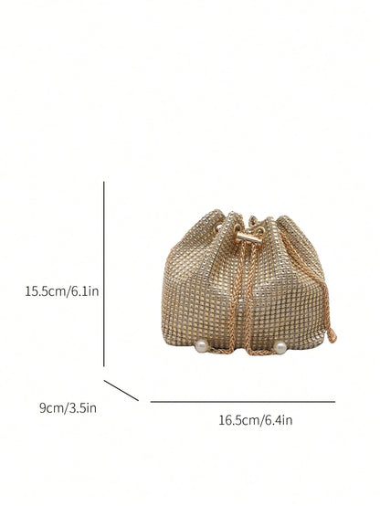 Fashion Solid Color Hollow Out Woven Chain Drawstring Mini Crossbody Bucket Bag