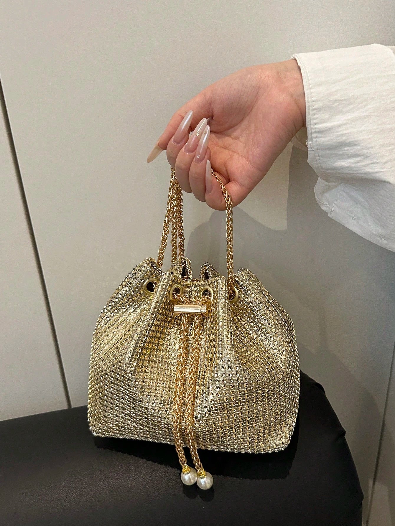 Fashion Solid Color Hollow Out Woven Chain Drawstring Mini Crossbody Bucket Bag