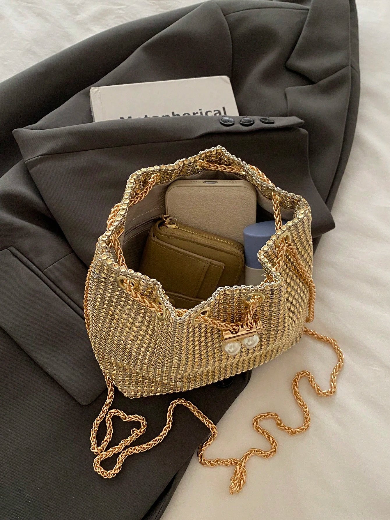 Fashion Solid Color Hollow Out Woven Chain Drawstring Mini Crossbody Bucket Bag