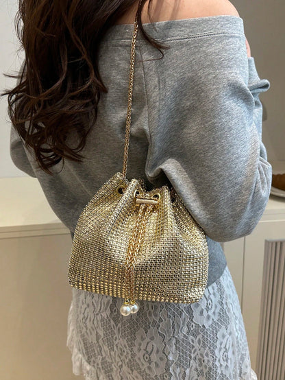 Fashion Solid Color Hollow Out Woven Chain Drawstring Mini Crossbody Bucket Bag
