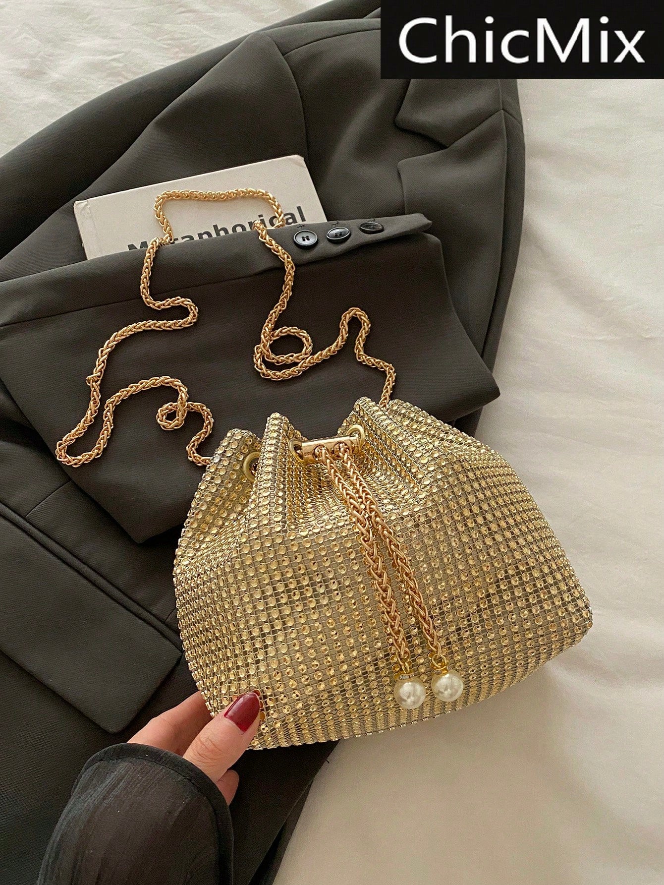 Fashion Solid Color Hollow Out Woven Chain Drawstring Mini Crossbody Bucket Bag