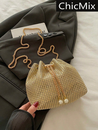 Fashion Solid Color Hollow Out Woven Chain Drawstring Mini Crossbody Bucket Bag