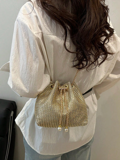 Fashion Solid Color Hollow Out Woven Chain Drawstring Mini Crossbody Bucket Bag