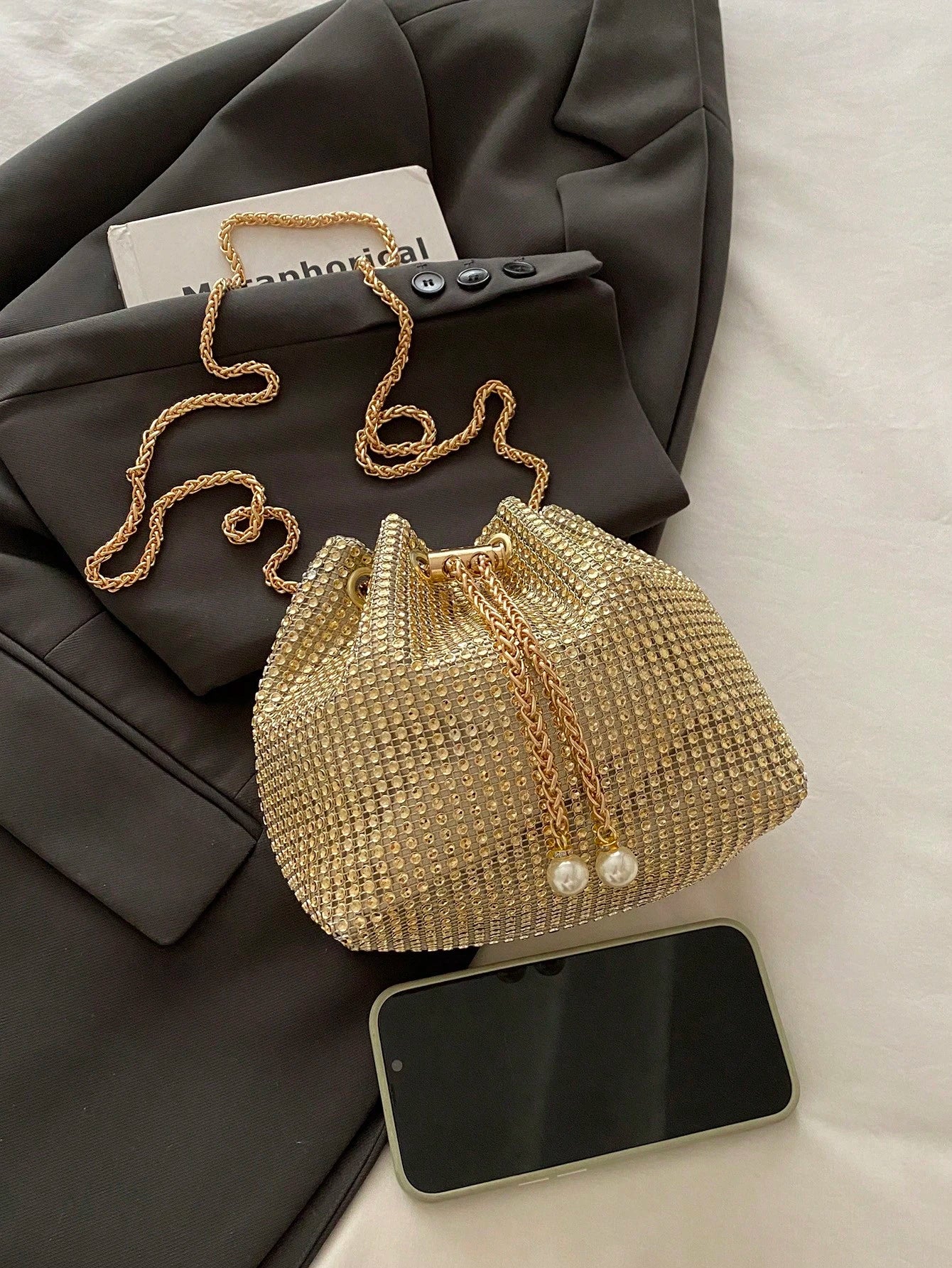 Fashion Solid Color Hollow Out Woven Chain Drawstring Mini Crossbody Bucket Bag