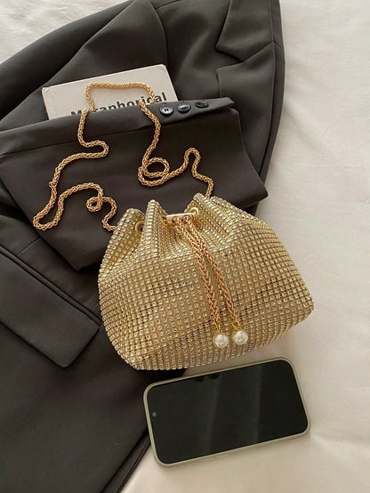 Fashion Solid Color Hollow Out Woven Chain Drawstring Mini Crossbody Bucket Bag