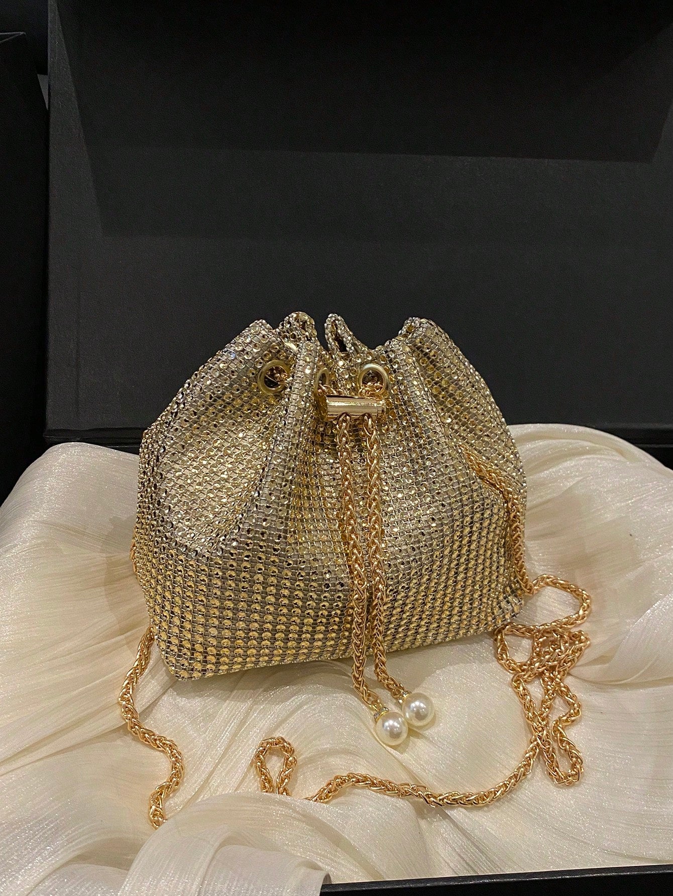 Fashion Solid Color Hollow Out Woven Chain Drawstring Mini Crossbody Bucket Bag