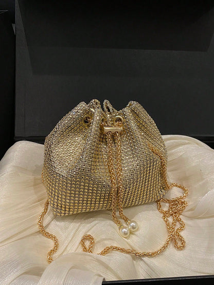 Fashion Solid Color Hollow Out Woven Chain Drawstring Mini Crossbody Bucket Bag