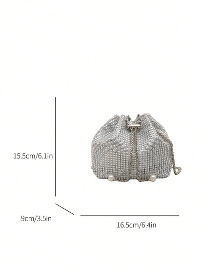 Fashion Solid Color Hollow Out Woven Chain Drawstring Mini Crossbody Bucket Bag