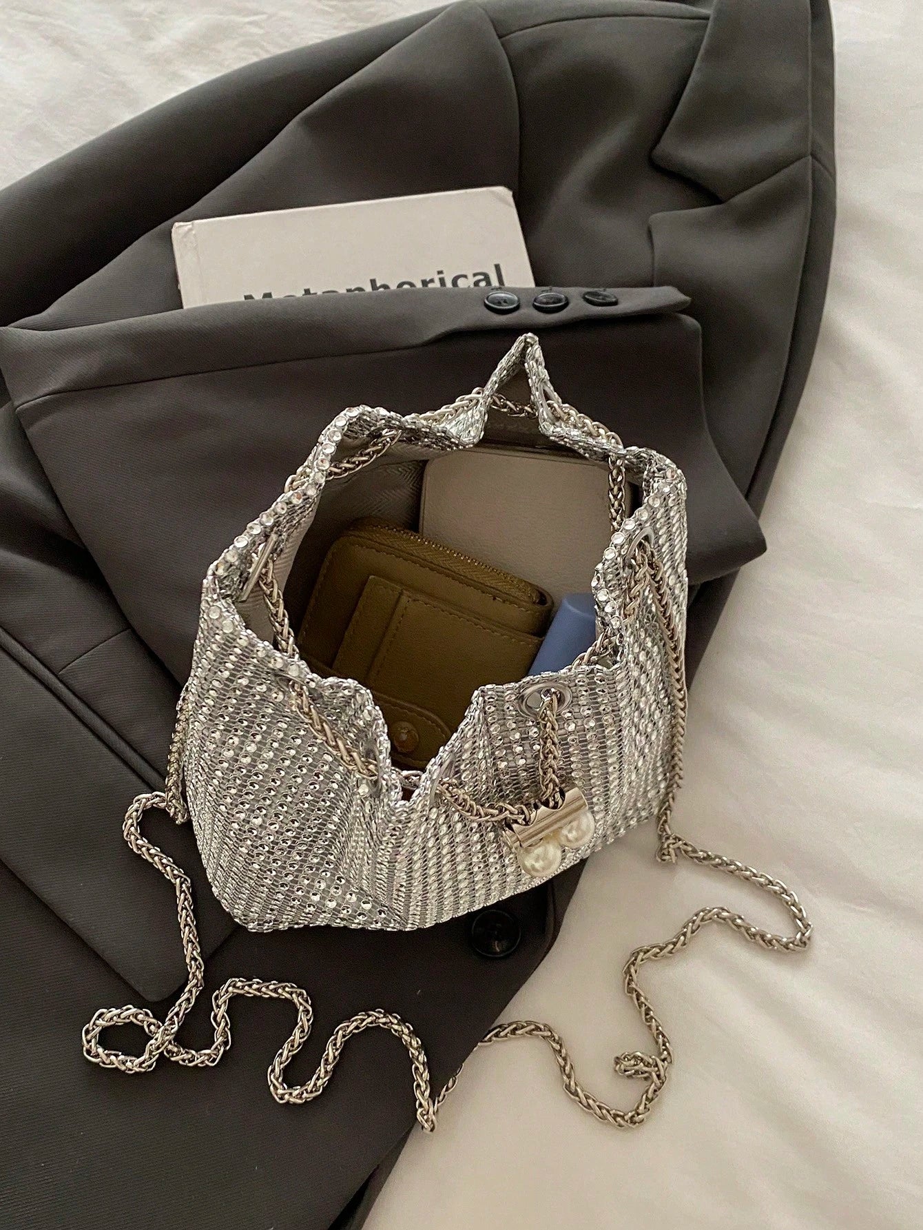 Fashion Solid Color Hollow Out Woven Chain Drawstring Mini Crossbody Bucket Bag