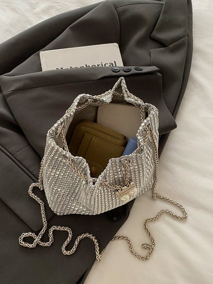 Fashion Solid Color Hollow Out Woven Chain Drawstring Mini Crossbody Bucket Bag