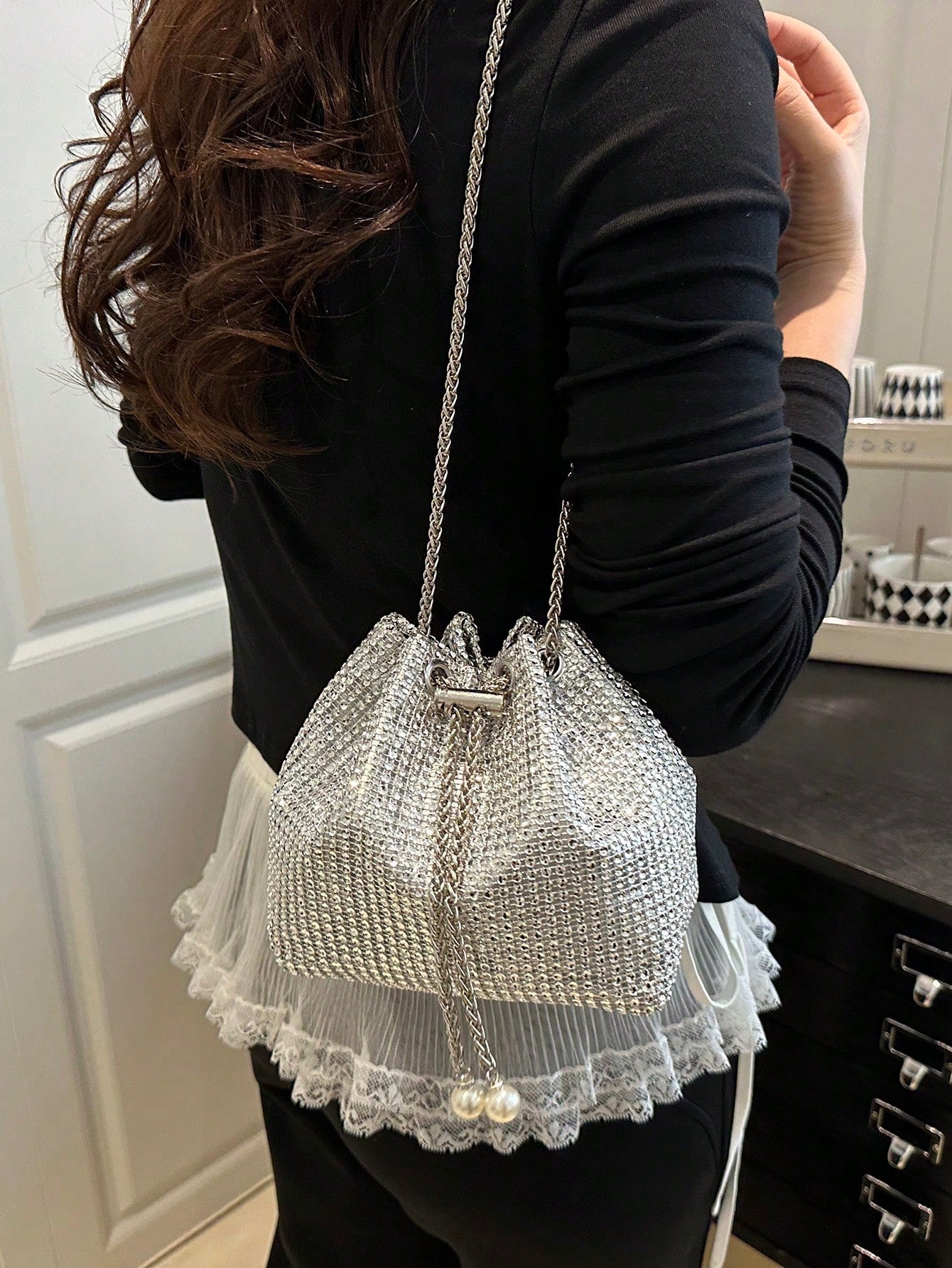 Fashion Solid Color Hollow Out Woven Chain Drawstring Mini Crossbody Bucket Bag