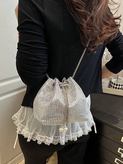 Fashion Solid Color Hollow Out Woven Chain Drawstring Mini Crossbody Bucket Bag