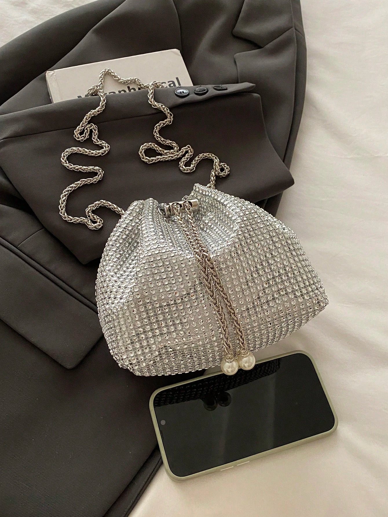 Fashion Solid Color Hollow Out Woven Chain Drawstring Mini Crossbody Bucket Bag
