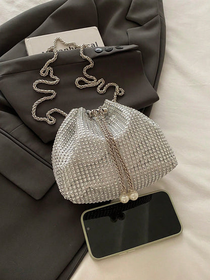 Fashion Solid Color Hollow Out Woven Chain Drawstring Mini Crossbody Bucket Bag