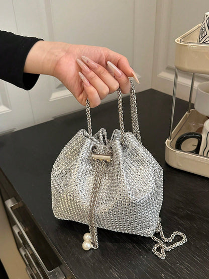 Fashion Solid Color Hollow Out Woven Chain Drawstring Mini Crossbody Bucket Bag