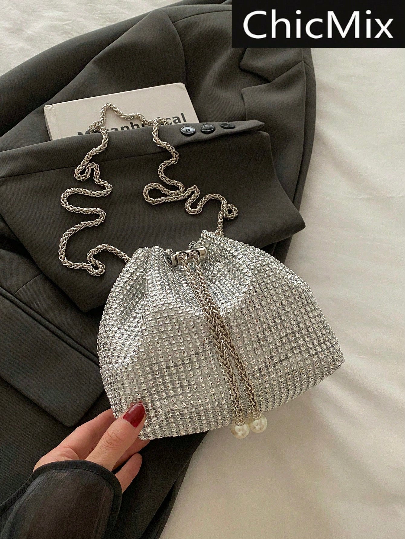 Fashion Solid Color Hollow Out Woven Chain Drawstring Mini Crossbody Bucket Bag
