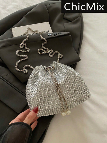 Fashion Solid Color Hollow Out Woven Chain Drawstring Mini Crossbody Bucket Bag