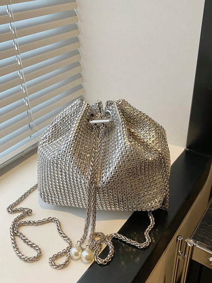 Fashion Solid Color Hollow Out Woven Chain Drawstring Mini Crossbody Bucket Bag