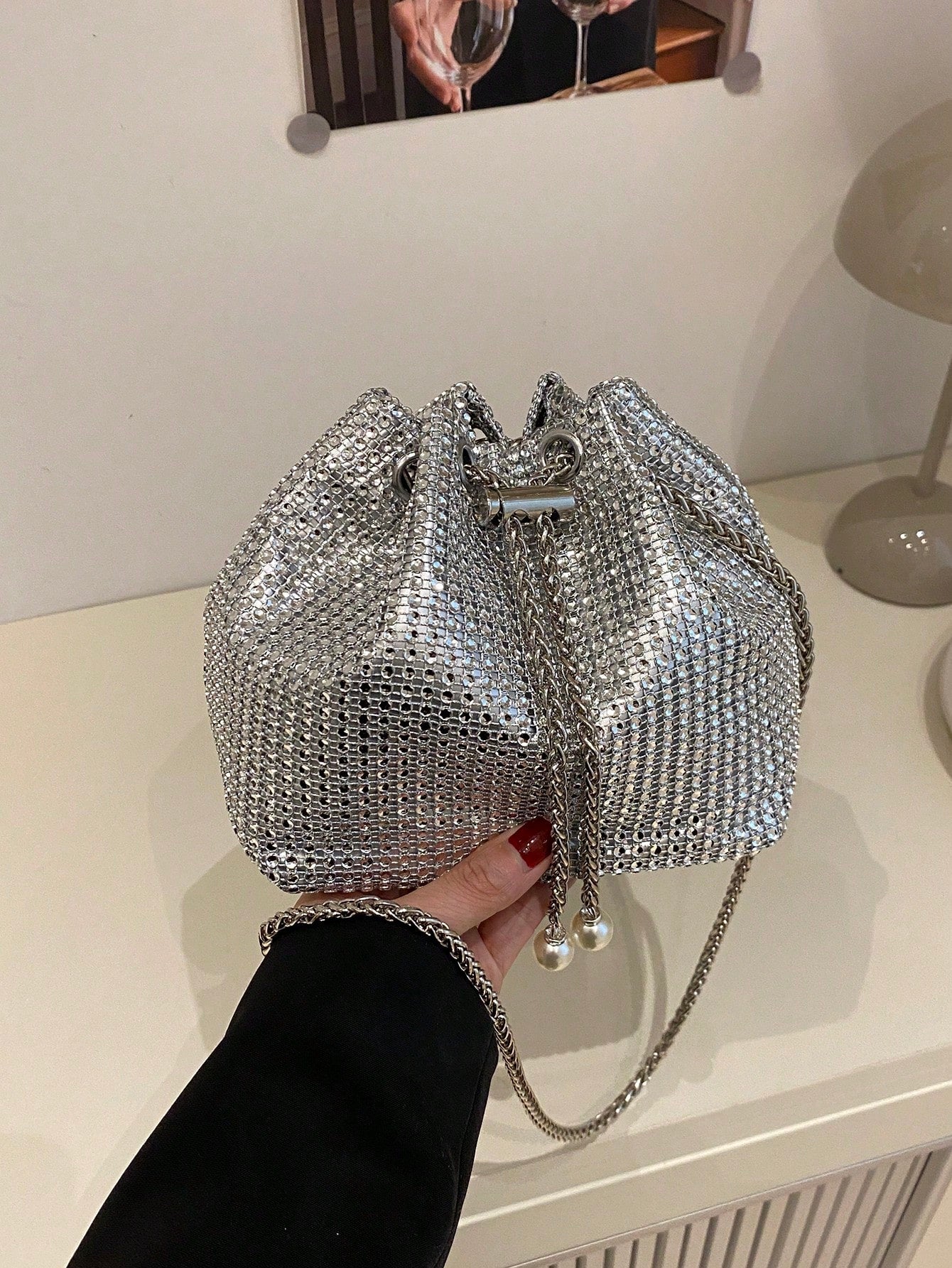 Fashion Solid Color Hollow Out Woven Chain Drawstring Mini Crossbody Bucket Bag