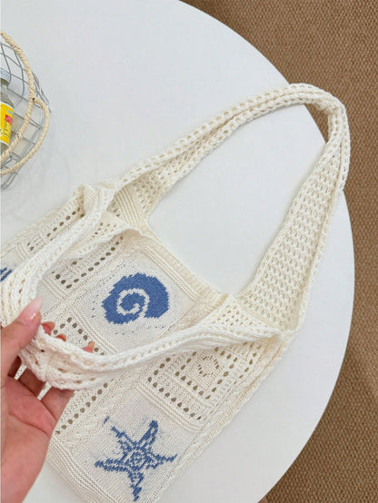Summer New Style Lady Daily Use Lightweight Tote Bags Sea Turtle Pattern Hollowed Out Knitted Crochet Beach Shopping Bags,Summer Bag,Holiday,Vacation, Perfectly Matching With Crochet Set