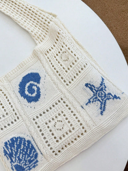 Summer New Style Lady Daily Use Lightweight Tote Bags Sea Turtle Pattern Hollowed Out Knitted Crochet Beach Shopping Bags,Summer Bag,Holiday,Vacation, Perfectly Matching With Crochet Set