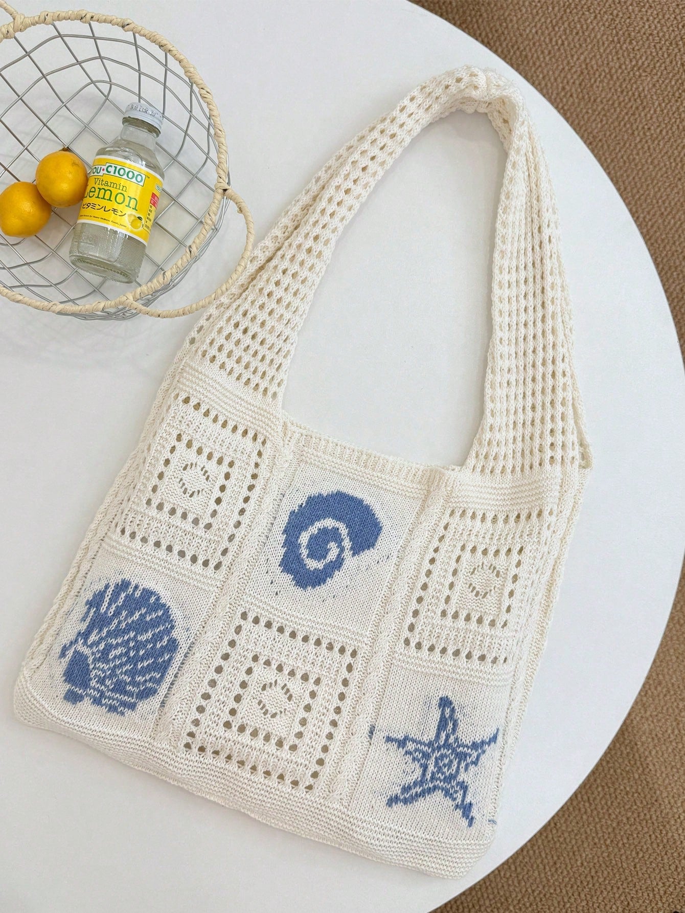 Summer New Style Lady Daily Use Lightweight Tote Bags Sea Turtle Pattern Hollowed Out Knitted Crochet Beach Shopping Bags,Summer Bag,Holiday,Vacation, Perfectly Matching With Crochet Set