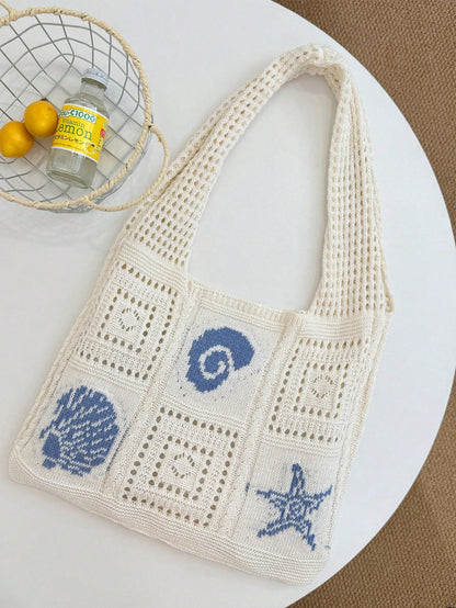 Summer New Style Lady Daily Use Lightweight Tote Bags Sea Turtle Pattern Hollowed Out Knitted Crochet Beach Shopping Bags,Summer Bag,Holiday,Vacation, Perfectly Matching With Crochet Set