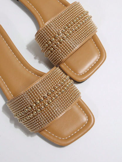New Plus Size Luxury Anti-Slip Square Toe Mule Rhinestone & Pearl Embellished Fashion Versatile Women Beach Vacation Sandals