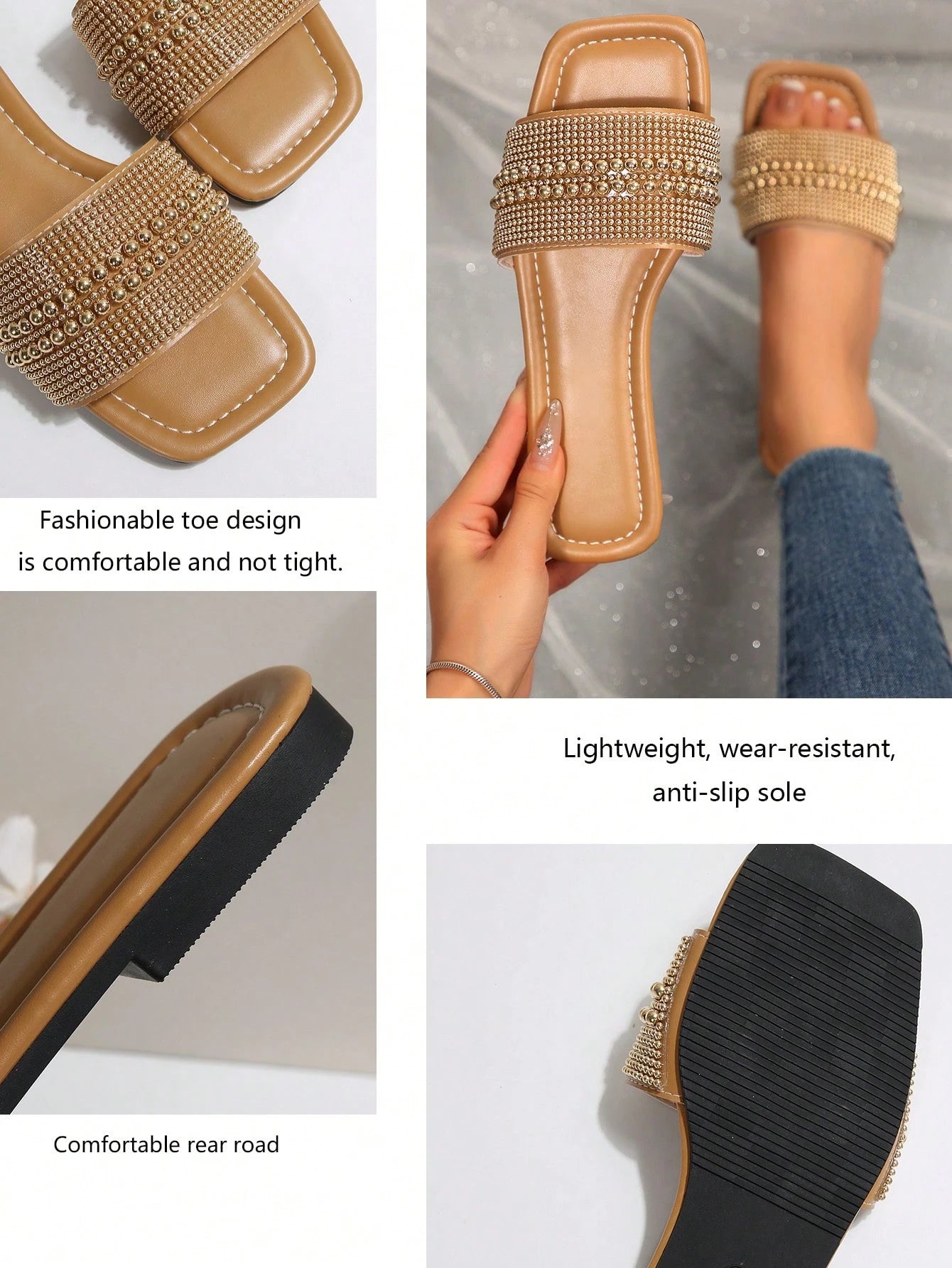 New Plus Size Luxury Anti-Slip Square Toe Mule Rhinestone & Pearl Embellished Fashion Versatile Women Beach Vacation Sandals