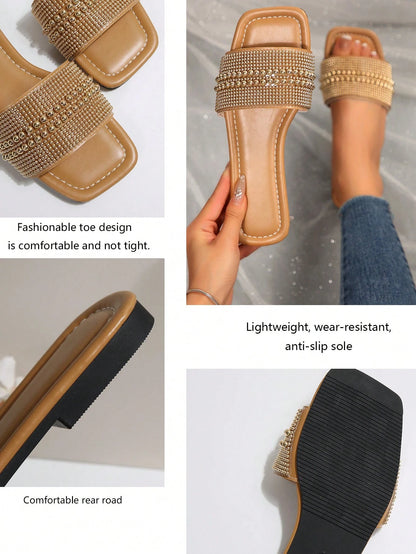 New Plus Size Luxury Anti-Slip Square Toe Mule Rhinestone & Pearl Embellished Fashion Versatile Women Beach Vacation Sandals