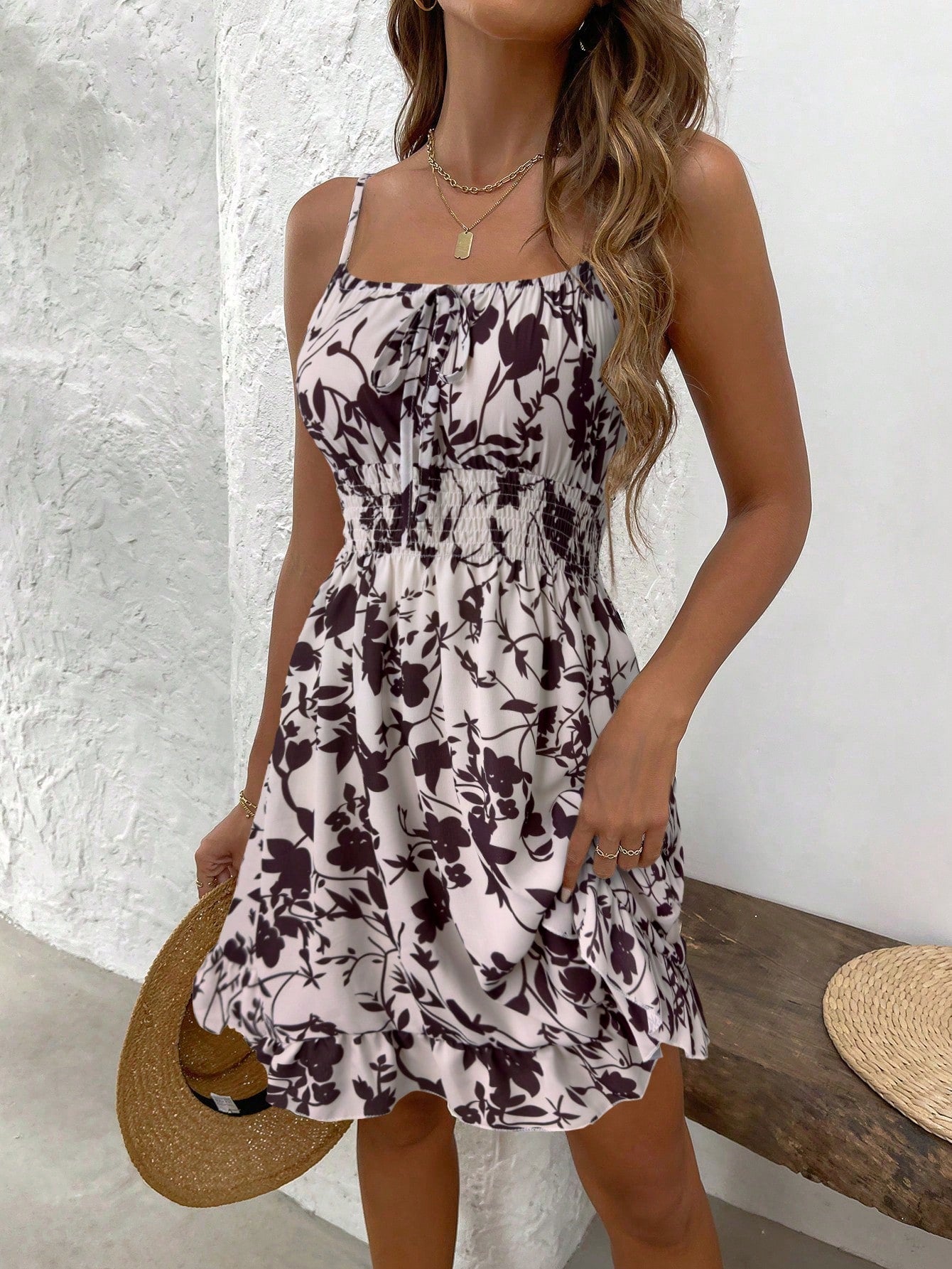 SHEIN PETITE Summer Printed Waist Cinching Sexy Strapless Bodycon Dress, Vintage Floral Print Waist Tightening Sexy Petite Strap Dress, Fashion Waist Cinching Sexy Floral Print Lady-Like Dress