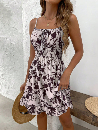 SHEIN PETITE Summer Printed Waist Cinching Sexy Strapless Bodycon Dress, Vintage Floral Print Waist Tightening Sexy Petite Strap Dress, Fashion Waist Cinching Sexy Floral Print Lady-Like Dress
