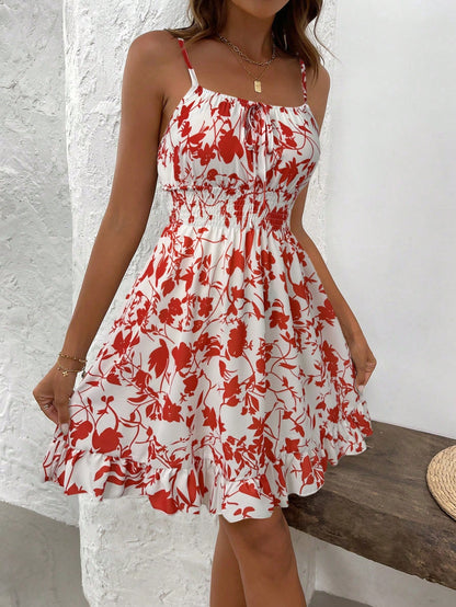 SHEIN PETITE Summer Printed Waist Cinching Sexy Strapless Bodycon Dress, Vintage Floral Print Waist Tightening Sexy Petite Strap Dress, Fashion Waist Cinching Sexy Floral Print Lady-Like Dress