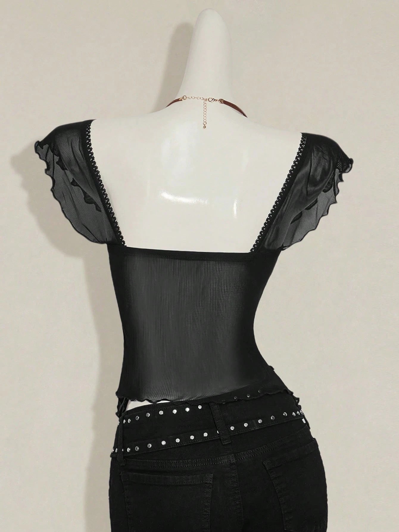 SHEIN ICON Women's Ruched Front Fitted Sexy Cutout Jacquard Romantic French Style Flare Sleeve Backless Casual Vacation Cropped Camisole