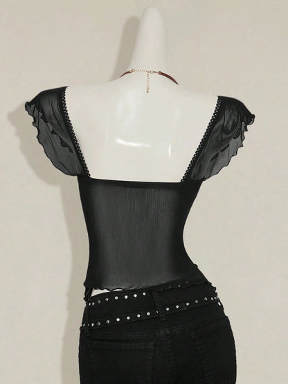 SHEIN ICON Women's Ruched Front Fitted Sexy Cutout Jacquard Romantic French Style Flare Sleeve Backless Casual Vacation Cropped Camisole